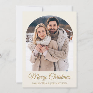 Cartão De Festividades Elegante Foto de Natal em Marfim Dourado Feliz Nat