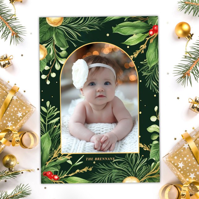 Cartão De Festividades Elegante Foto de Natal Moderno Verde Botânico (Elegant Modern Christmas Photo Botanical Greenery Holiday Card)