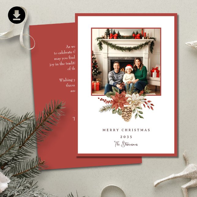 Cartão De Festividades Elegante Foto de Poinsettia de Natal Alegre (Criador carregado)