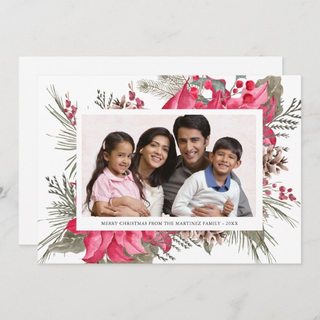 Cartão De Festividades Elegante Foto de Poinsettia Vermelha de Natal (Frente/Verso)