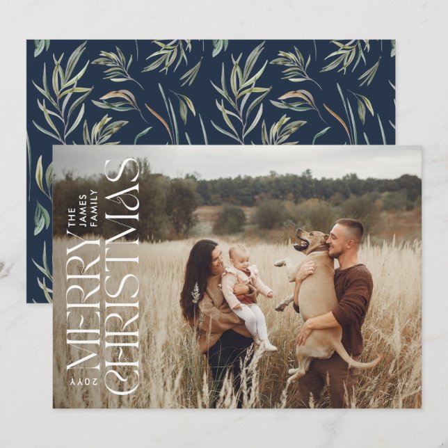 Cartão De Festividades Elegante foto moderna e mínima botânica azul marin (Frente/Verso)