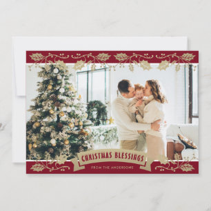 Cartão De Festividades Elegante Foto Religiosa Vermelha Bênçãos de Natal