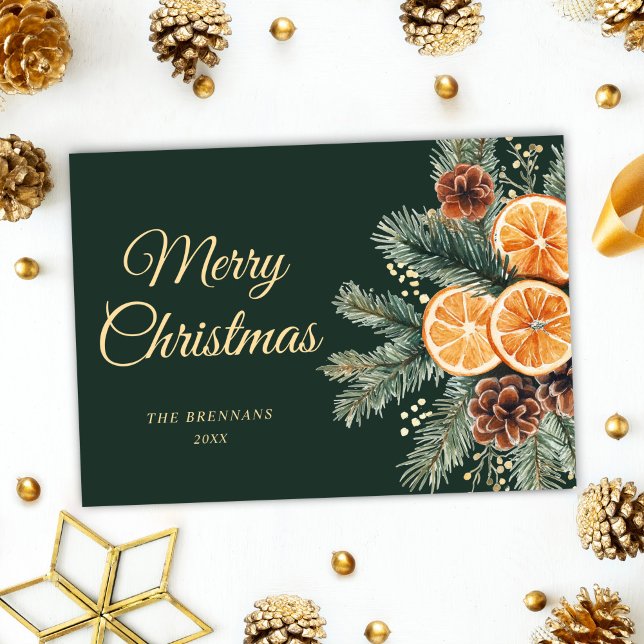 Cartão De Festividades Elegante Green Orange Citrus Christmas (Elegant Green Orange Citrus Christmas Holiday Card)