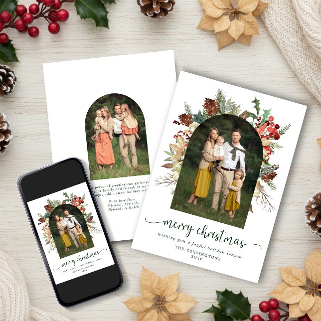 Cartão De Festividades Elegante Greenery Arch Feliz Foto de Natal (Criador carregado)