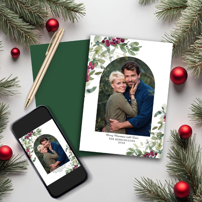 Cartão De Festividades Elegante Greenery Berries Arch Foto de Natal (Elegant Greenery Berries Arch Christmas Photo Holiday Card)