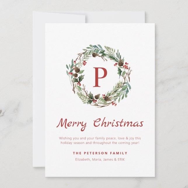 Cartão De Festividades Elegante Greenery Holly Berry Monographic Wreath (Frente)
