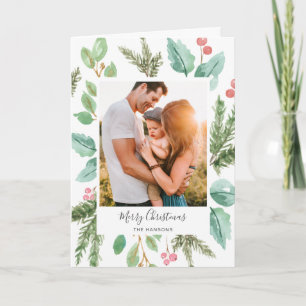 Cartão De Festividades Elegante Greenery Holly Foto Feliz Natal