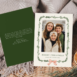 Cartão De Festividades Elegante guirlanda de verde com laço vermelho crem