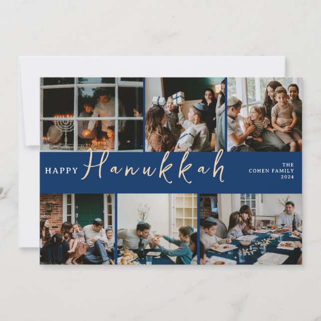 Cartão De Festividades Elegante Hanukkah Typografia Blue Family Photo (Frente)
