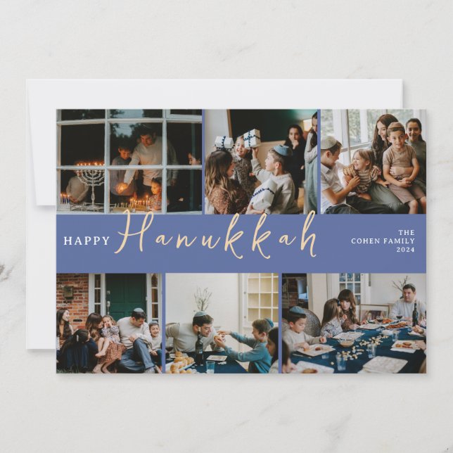 Cartão De Festividades Elegante Hanukkah Typografia Blue Family Photo (Frente)