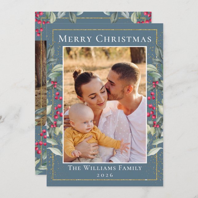 Cartão De Festividades Elegante Holly Berries Blue Cinza Natal 2 Foto (Frente/Verso)
