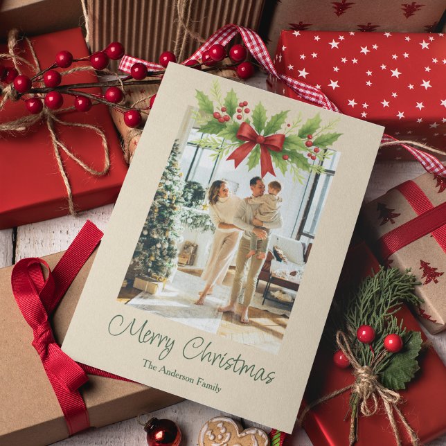 Cartão De Festividades Elegante Holly e Arco Vermelho Natal - (Criador carregado)