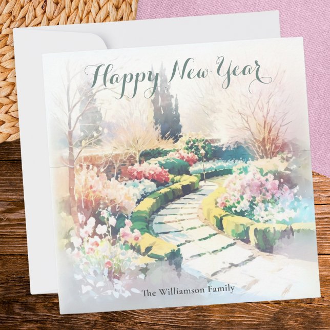 Cartão De Festividades Elegante Jardim Botânico Chic de Inverno Elegante  (A personalized greeting card with 'Happy New Year' words and misty winter garden illustration)