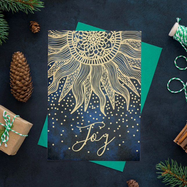Cartão De Festividades Elegante Joy Blue Dourado Boho Sun Mandala Natal (Criador carregado)