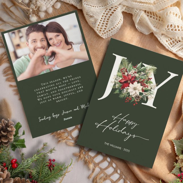 Cartão De Festividades Elegante Joy Christmas Wreath Photo (Criador carregado)