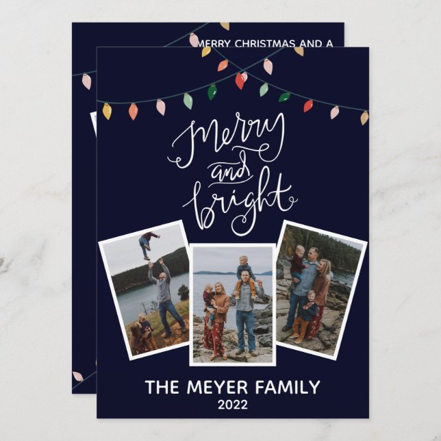 Cartão De Festividades Elegante Luzes Alegres e Brilhantes Azul Meia-Noit (Frente/Verso)