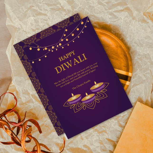 Cartão De Festividades Elegante Mandala diyas personalizado Purple Diwali (Criador carregado)