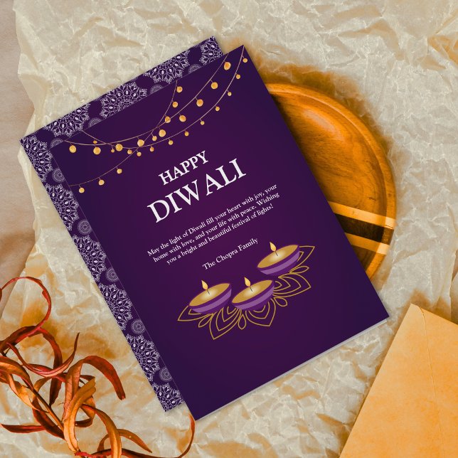 Cartão De Festividades Elegante Mandala diyas personalizado Purple Diwali (Criador carregado)