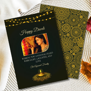 Cartão De Festividades Elegante Mandala Foto Verde Dourado Diwali