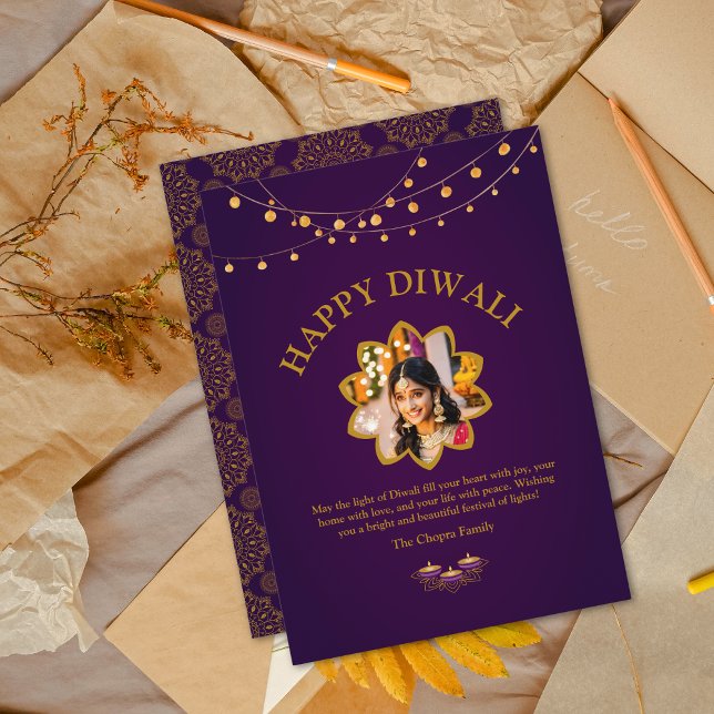 Cartão De Festividades Elegante Mandala personalizado Foto Ouro Roxo Diwa (Criador carregado)