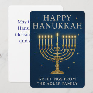Cartão De Festividades Elegante Menorah, Estrelas e Chanucá Azul Real