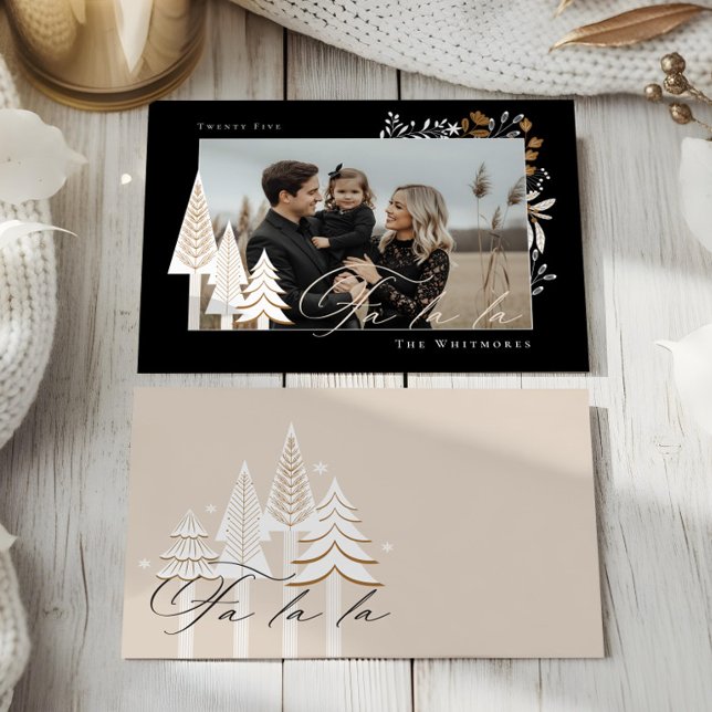 Cartão De Festividades Elegante Moderno Fa La Photo Evergreen Natal (Elegant Modern Joy Photo Evergreen Christmas Tree Holiday Card)