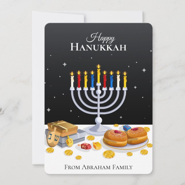 Cartão De Festividades Elegante Moderno Hanukkah Menorah Sufganiyot Dreid (Frente)