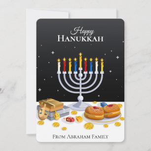 Cartão De Festividades Elegante Moderno Hanukkah Menorah Sufganiyot Dreid