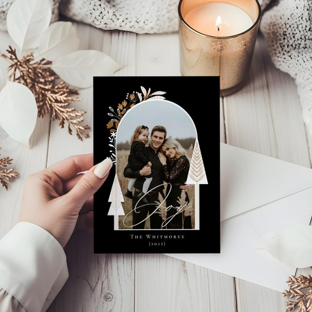 Cartão De Festividades Elegante Moderno Joy Foto Evergreen Árvore de Nata (Elegant Modern Joy Photo Evergreen Christmas Tree Holiday Card)