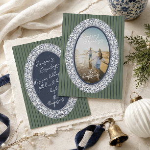 Cartão De Festividades Elegante Moldura Oval de Chinoisérie Azul para Fot