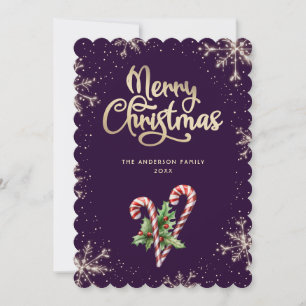 Cartão De Festividades Elegante Natal Cana de Açúcar Azevinho Frutas Roxo