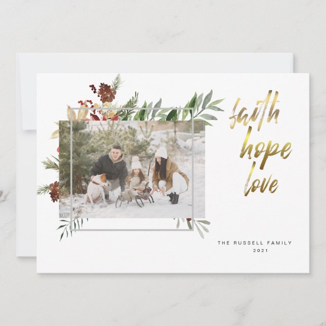 Cartão De Festividades Elegante Natal com Três Fotos em Caligrafia Dourad (Frente)