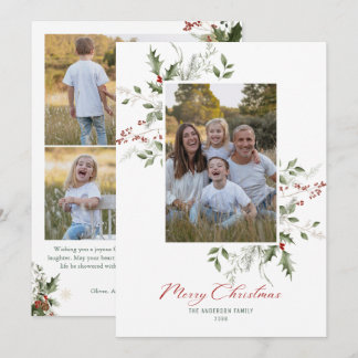 Cartão De Festividades Elegante Natal Folhagem Aquarela Quatro Fotos