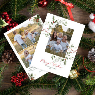 Cartão De Festividades Elegante Natal Folhagem Aquarela Quatro Fotos