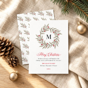 Cartão De Festividades Elegante Natal Greenery Monograma Wreath