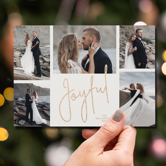 Cartão De Festividades Elegante Natal JULTO com Várias Fotografias (Gold JOYFUL Multi Photo Christmas Holiday Cards - INSTANT DOWNLOAD and/or PRINTED or both!)
