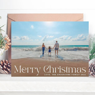 Cartão De Festividades Elegante Natal Script Moderno Branco Foto Feliz Na