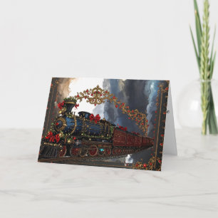 Cartão De Festividades Elegante Natal Vitoriano Steampunk Trem a Vapor