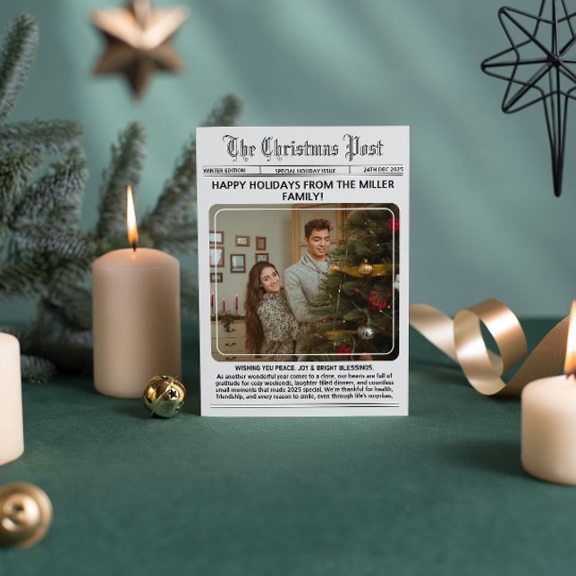 Cartão De Festividades Elegante Newsletter Moderno Colagem de Fotos Natal (newspaper elegant year in review black and white classic vintage unique classic fun modern)