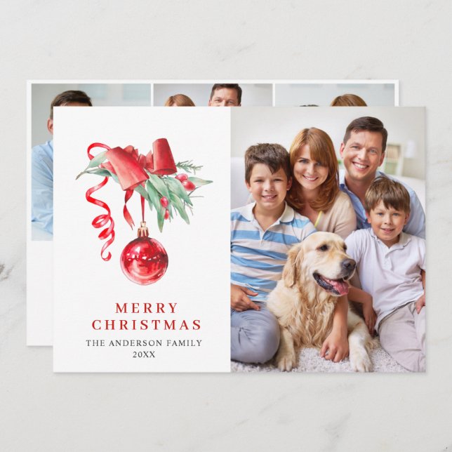 Cartão De Festividades Elegante Ornamentação Vermelha Natal Saudação 4 FO (Frente/Verso)