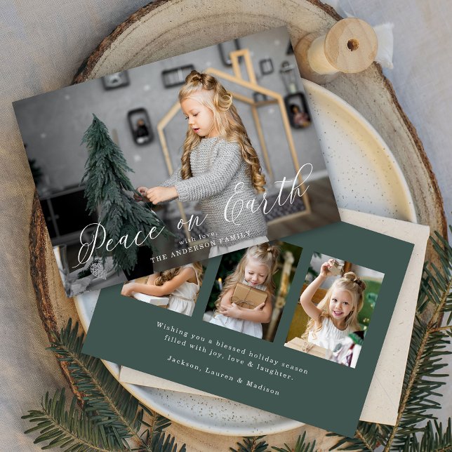 Cartão De Festividades Elegante Peace on Earth Script Dark Sage 4 Foto (Criador carregado)