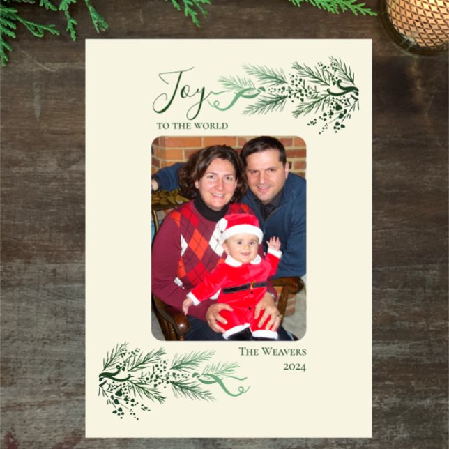 Cartão De Festividades Elegante Pine Joy para a Foto da Família de Natal (Original art pine greenery on cream.  Joy to the world elegant custom script. Add family photo.
)