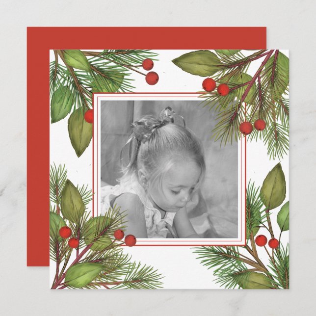 Cartão De Festividades Elegante Pinho Verde Botânico Holly Berries (Frente/Verso)