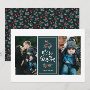 Cartão De Festividades Elegante Pintado Holly Duas Fotografias Verdes n