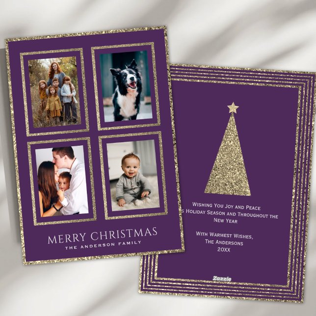 Cartão De Festividades Elegante Plum e Dourada Colagem de Fotos de Natal (Criador carregado)