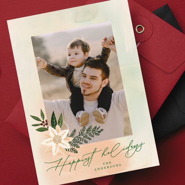 Cartão De Festividades Elegante Poinsettia Botânica Foto Mais Feliz (Criador carregado)