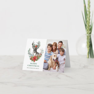 Cartão De Festividades Elegante Poinsettia de Natal com Veado Feliz Sauda