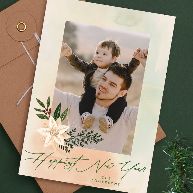 Cartão De Festividades Elegante Poinsettia Foto Mais Feliz Ano Novo (Criador carregado)