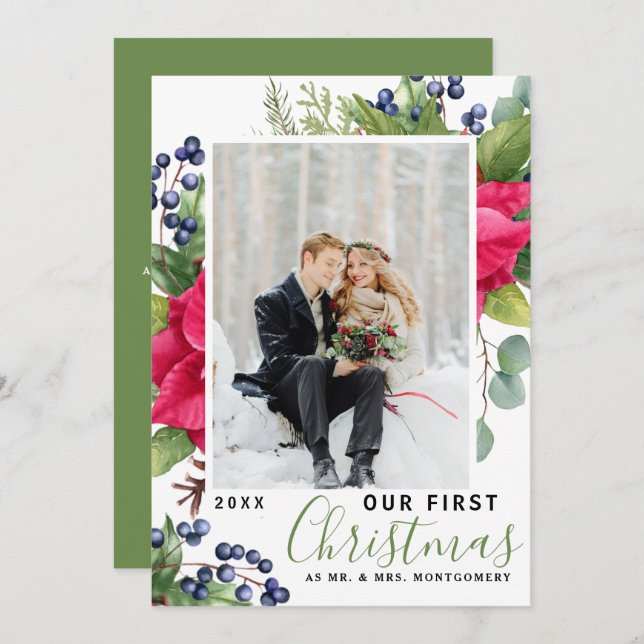 Cartão De Festividades Elegante Poinsettia Foto Nosso Primeiro Verde De N (Frente/Verso)