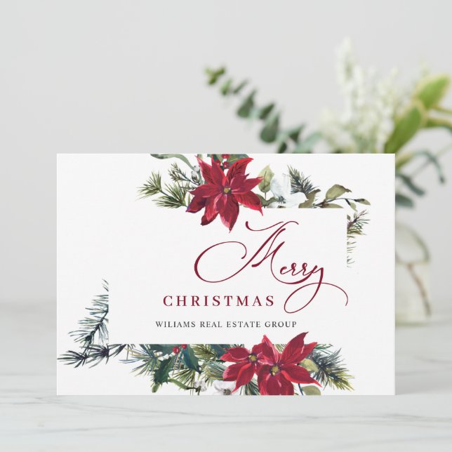 Cartão De Festividades Elegante Poinsettia Natal Saudação Corporativa (Em pé/Frente)